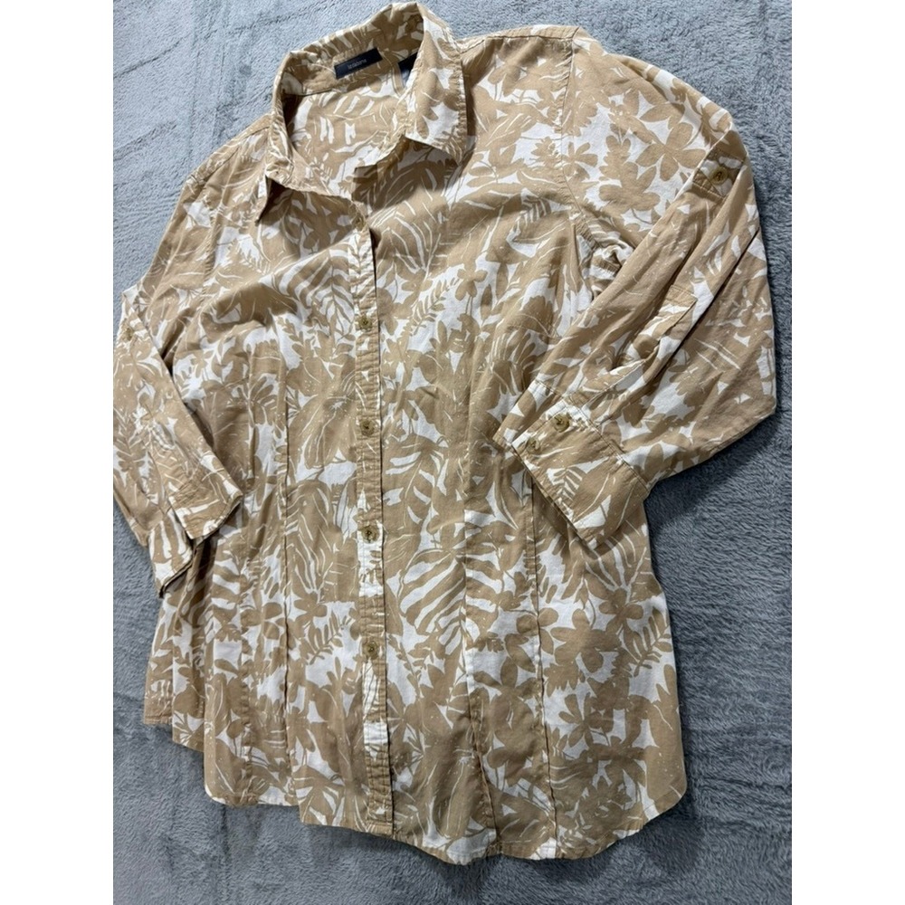 Liz Claiborne Button Up Shirt Women XL Beige Floral Tropical Casual Top - Picture 4 of 11
